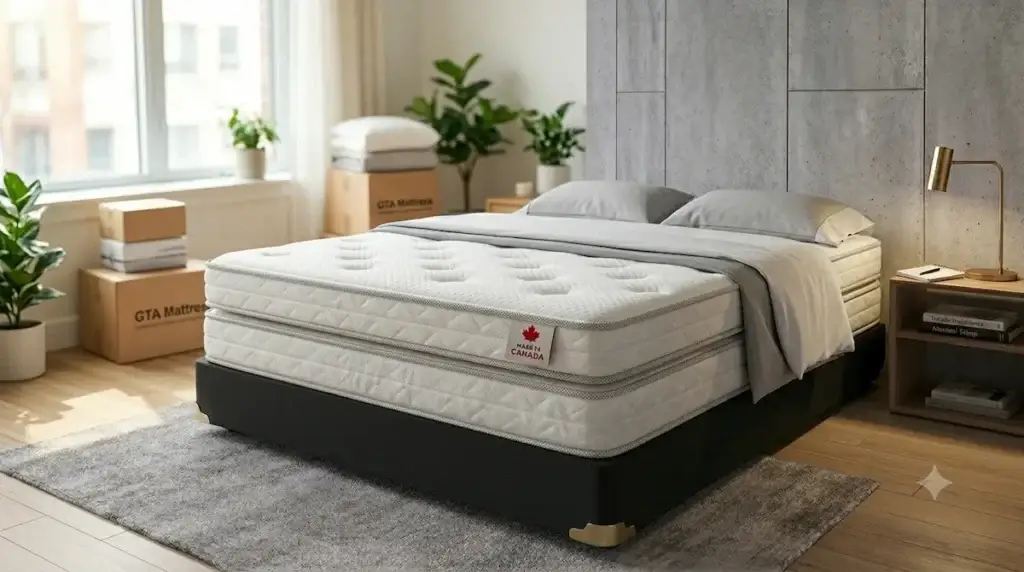 Premium Canadian-made mattresses in Scarborough stacked neatly inside a private appointment-only local home boutique setup