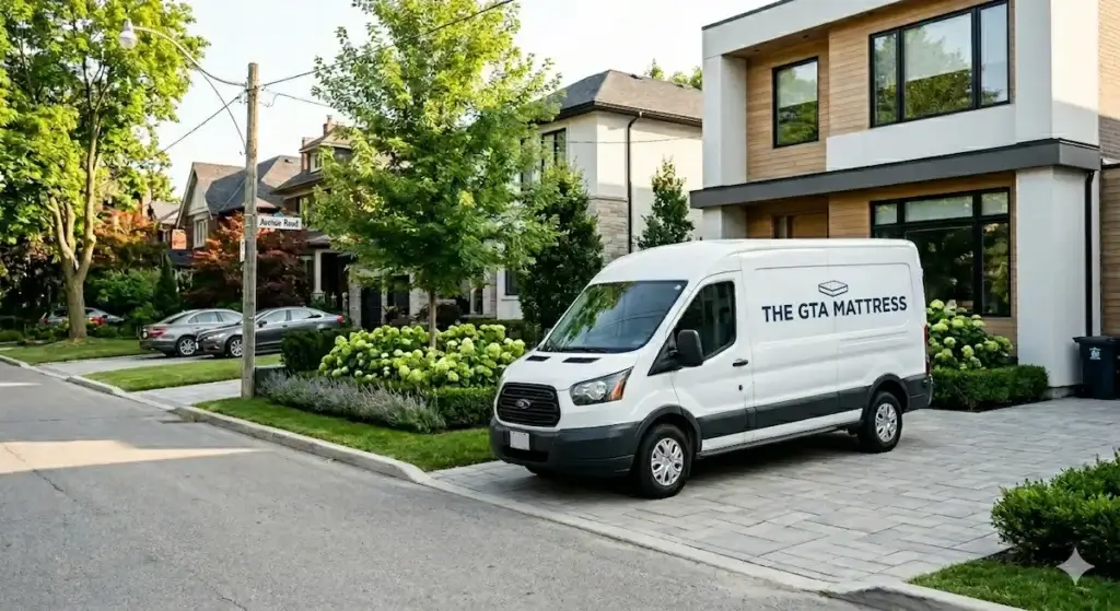 Our delivery vehicle loading factory-direct mattresses in Scarborough neighborhoods