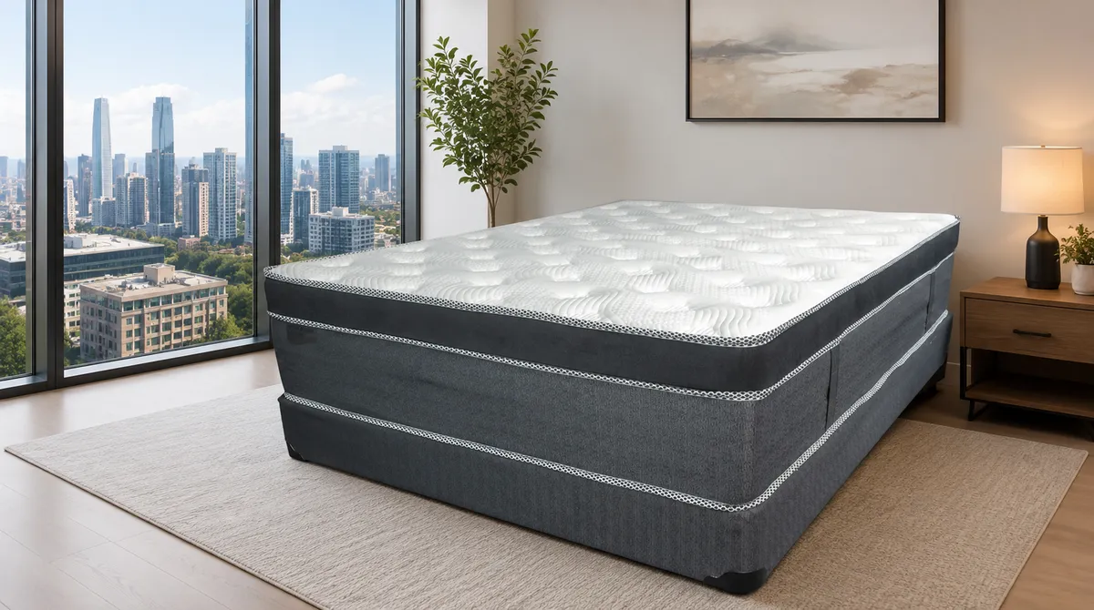 Mattresses in North York — queen mattress in a factory-direct bedroom setup