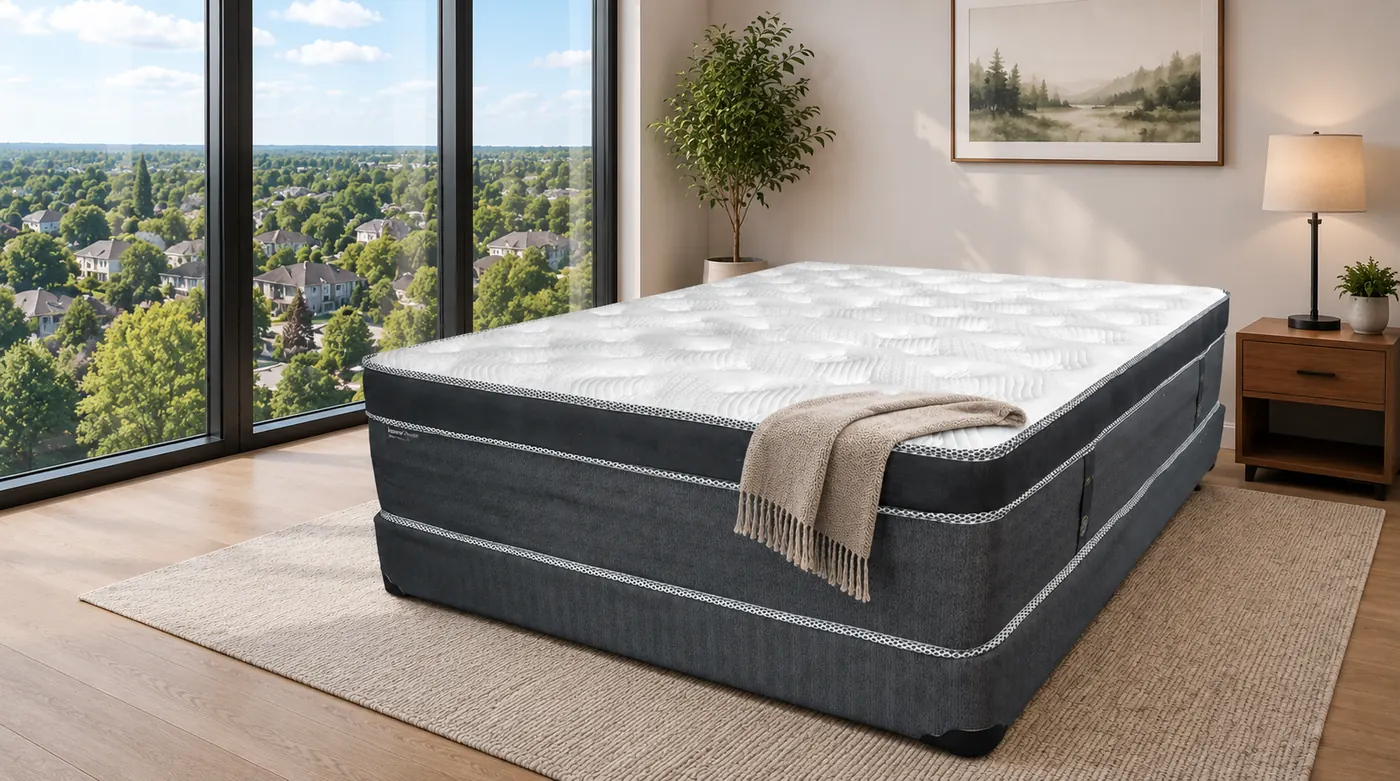 Mattresses in Aurora — queen pillow top mattress and box spring in a bright primary bedroom