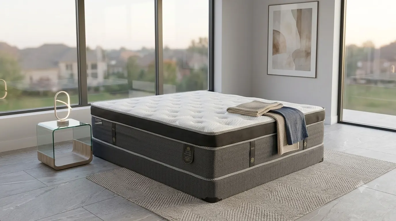 Mattresses in Clarington — queen mattress in a bright bedroom with a city view