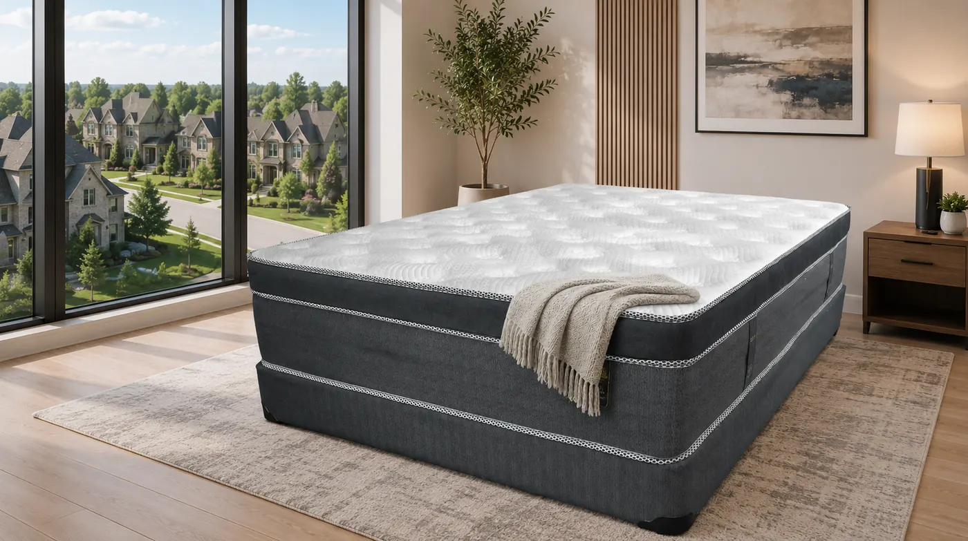 Mattresses in Newmarket — queen pillow top mattress and box spring in a bright primary bedroom