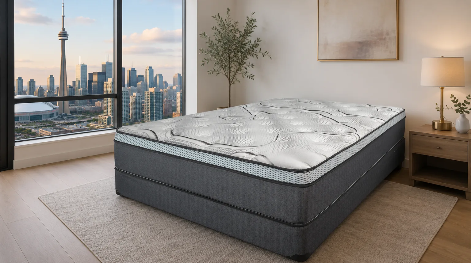 Mattresses in Toronto — queen pillow top mattress with CN Tower skyline view